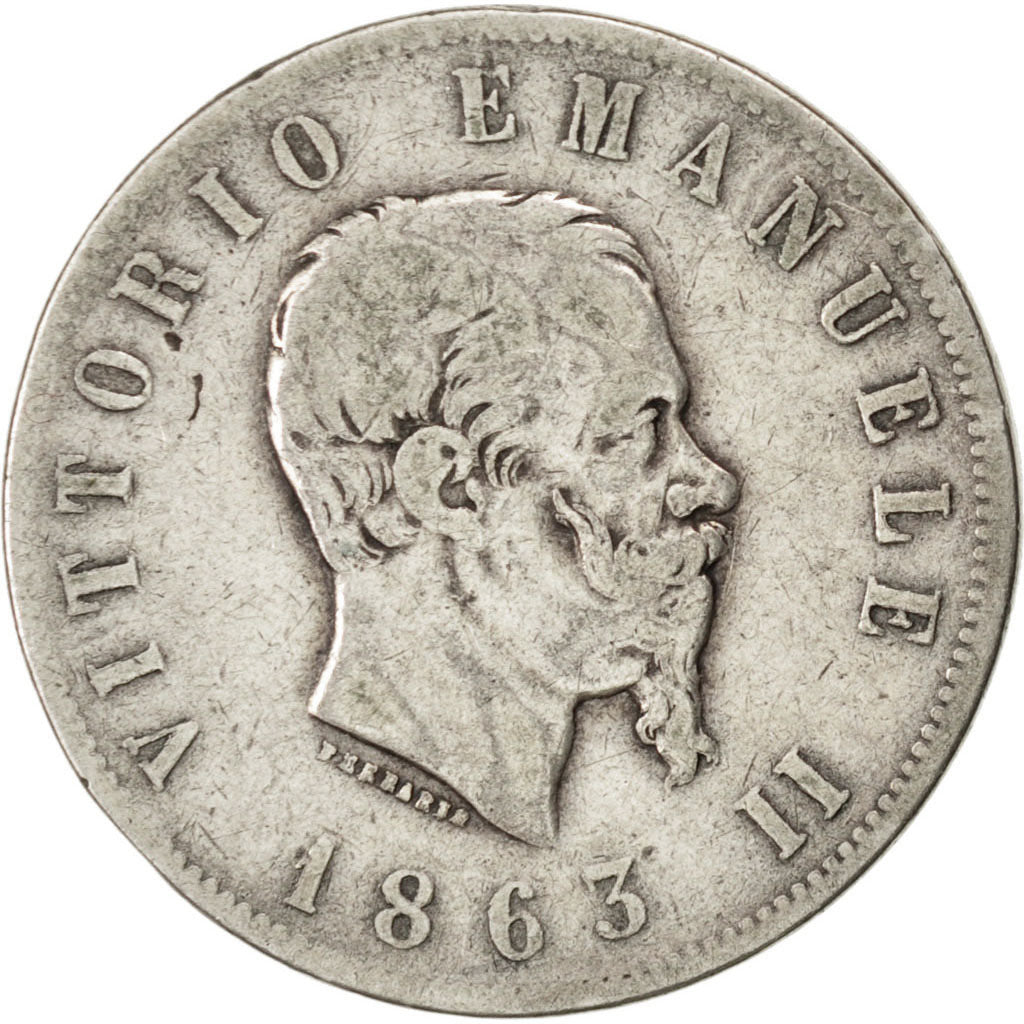 ITALY, 2 Lire, 1863, Naples, KM #16.1, VF(20-25), Silver, 9.67