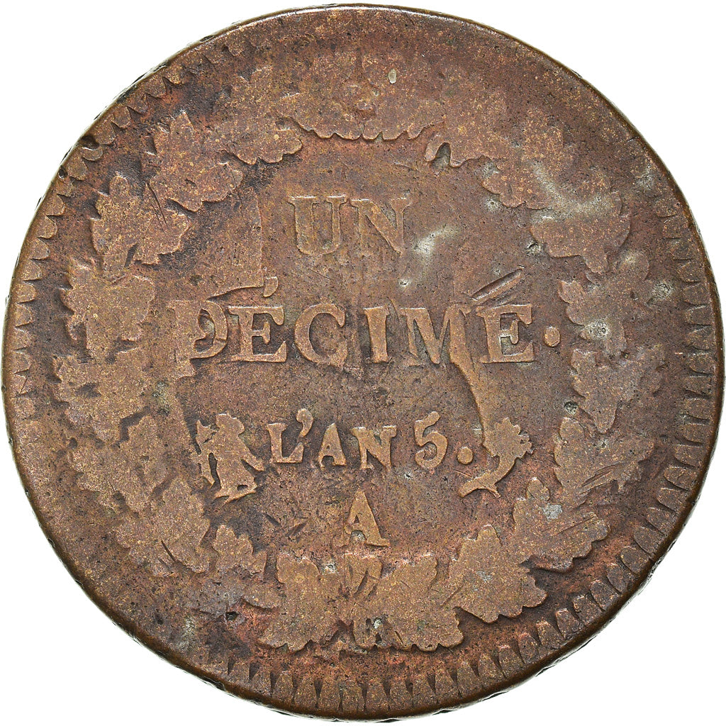 Coin, France, Dupré, Decime, AN 5, Paris, Coins choqués, VF(20-25), Bronze