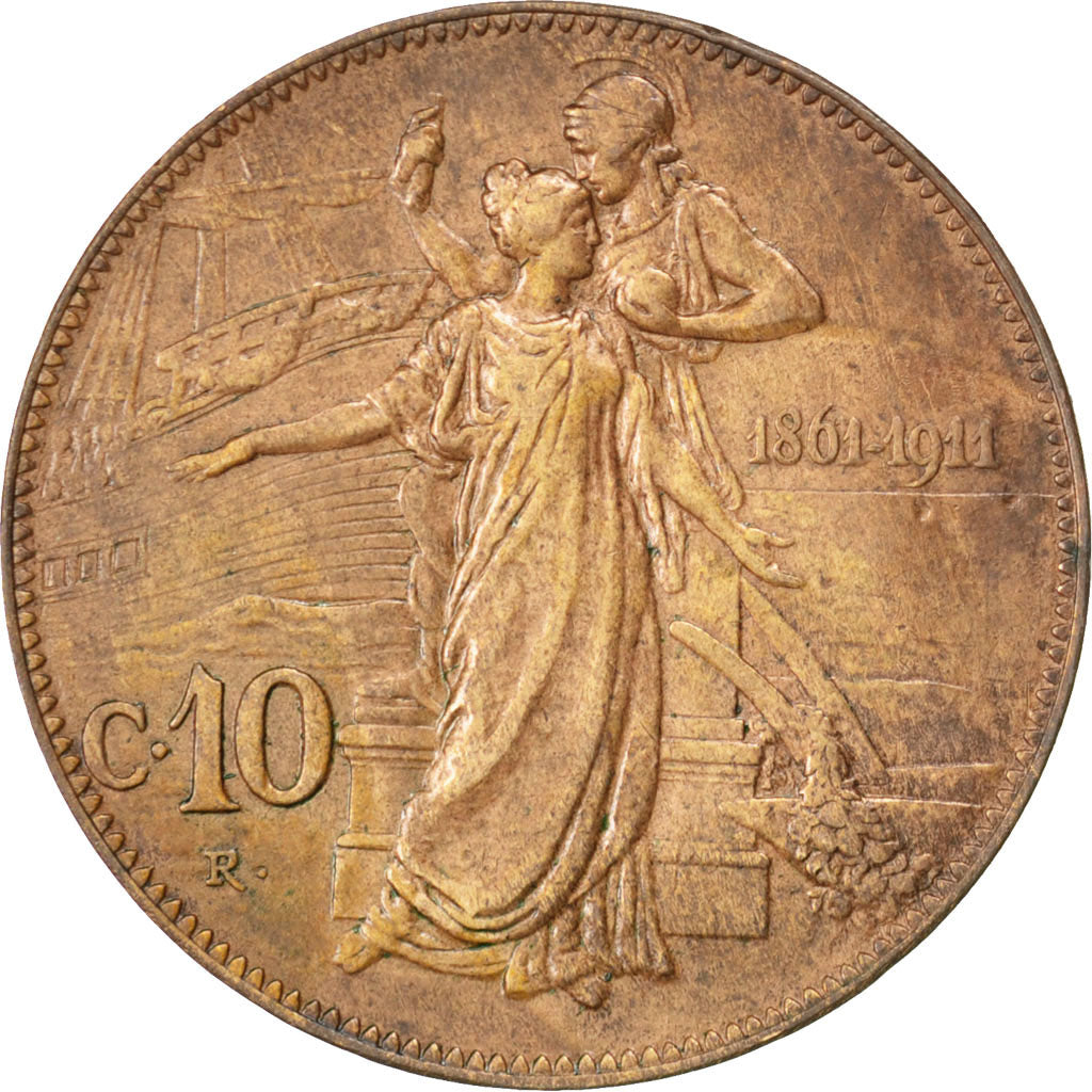 ITALY, 10 Centesimi, 1911, Rome, KM #51, EF(40-45), Bronze, 30.13, 9.94