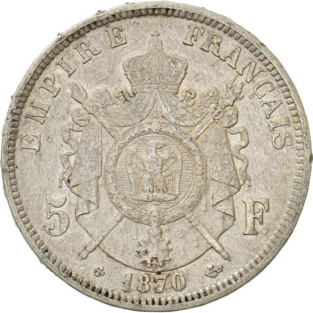 Moneta, Francia, Napoléon III, 5 Francs, 1870, Strasbourg, MB+, Argento