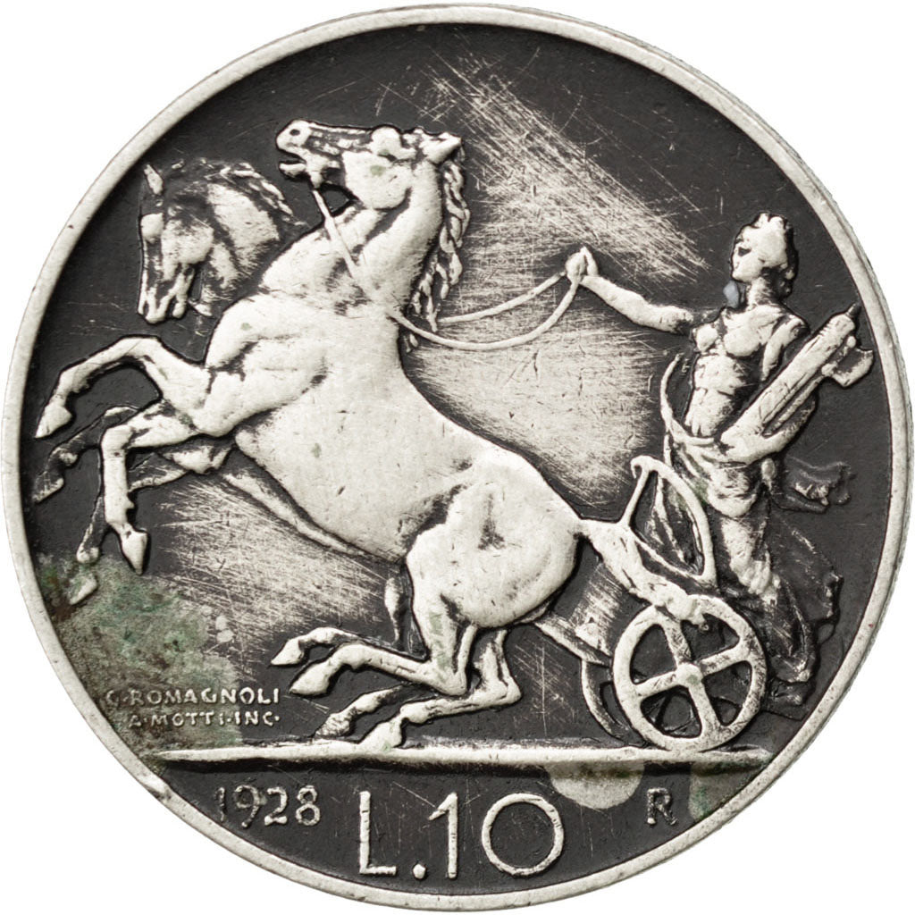 ITALY, 10 Lire, 1928, Rome, KM #68.2, VF(20-25), Silver, 9.96