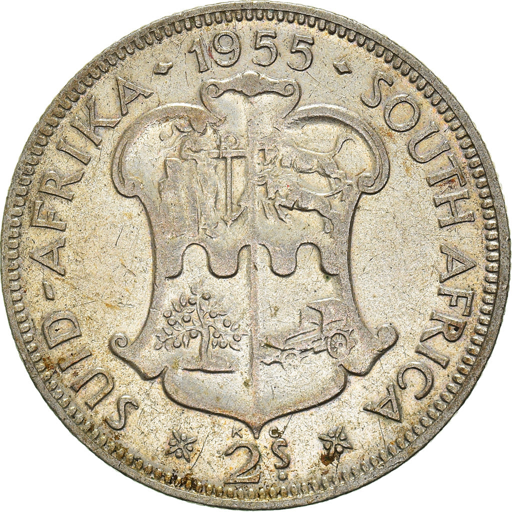 Coin, South Africa, Elizabeth II, 2 Shillings, 1955, VF(30-35), Silver, KM:50