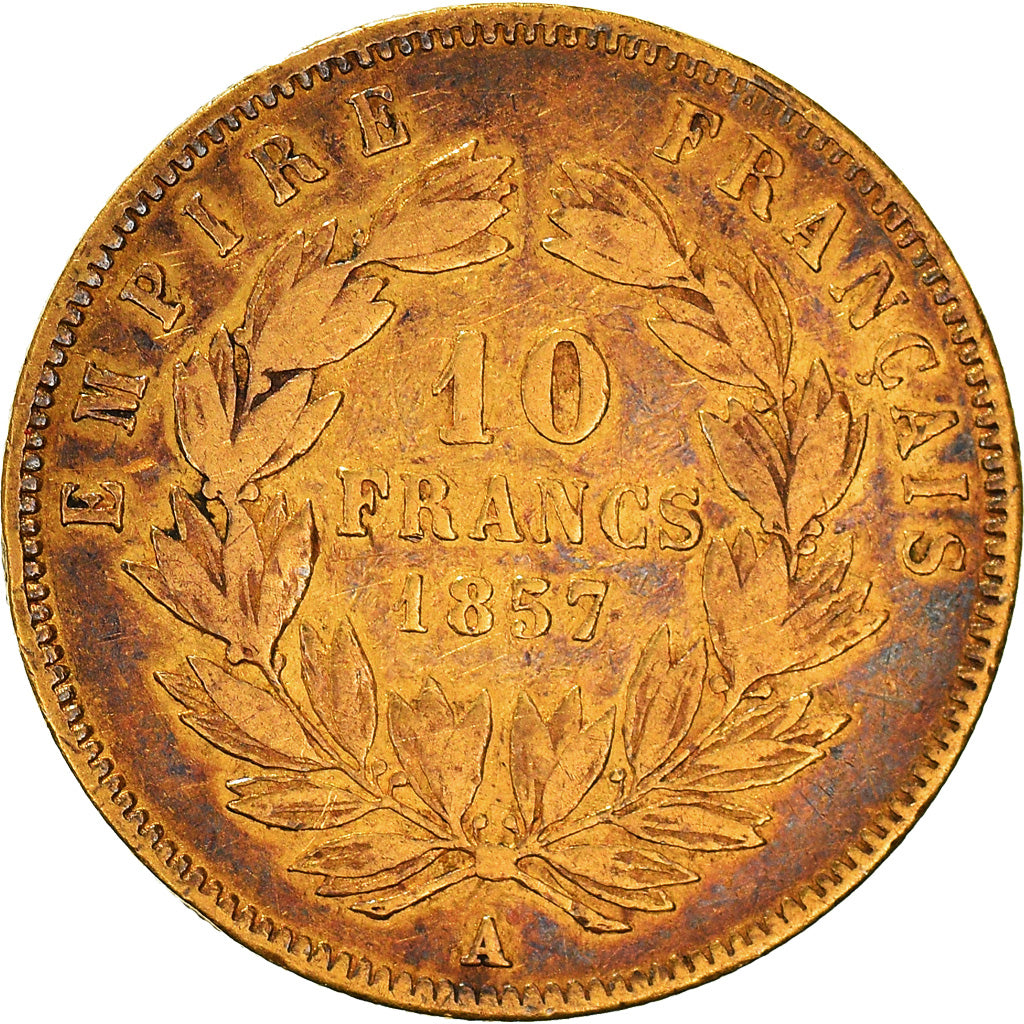 Moneda, Francia, Napoléon III, 10 Francs, 1857, Paris, BC+, Oro, KM:784.3
