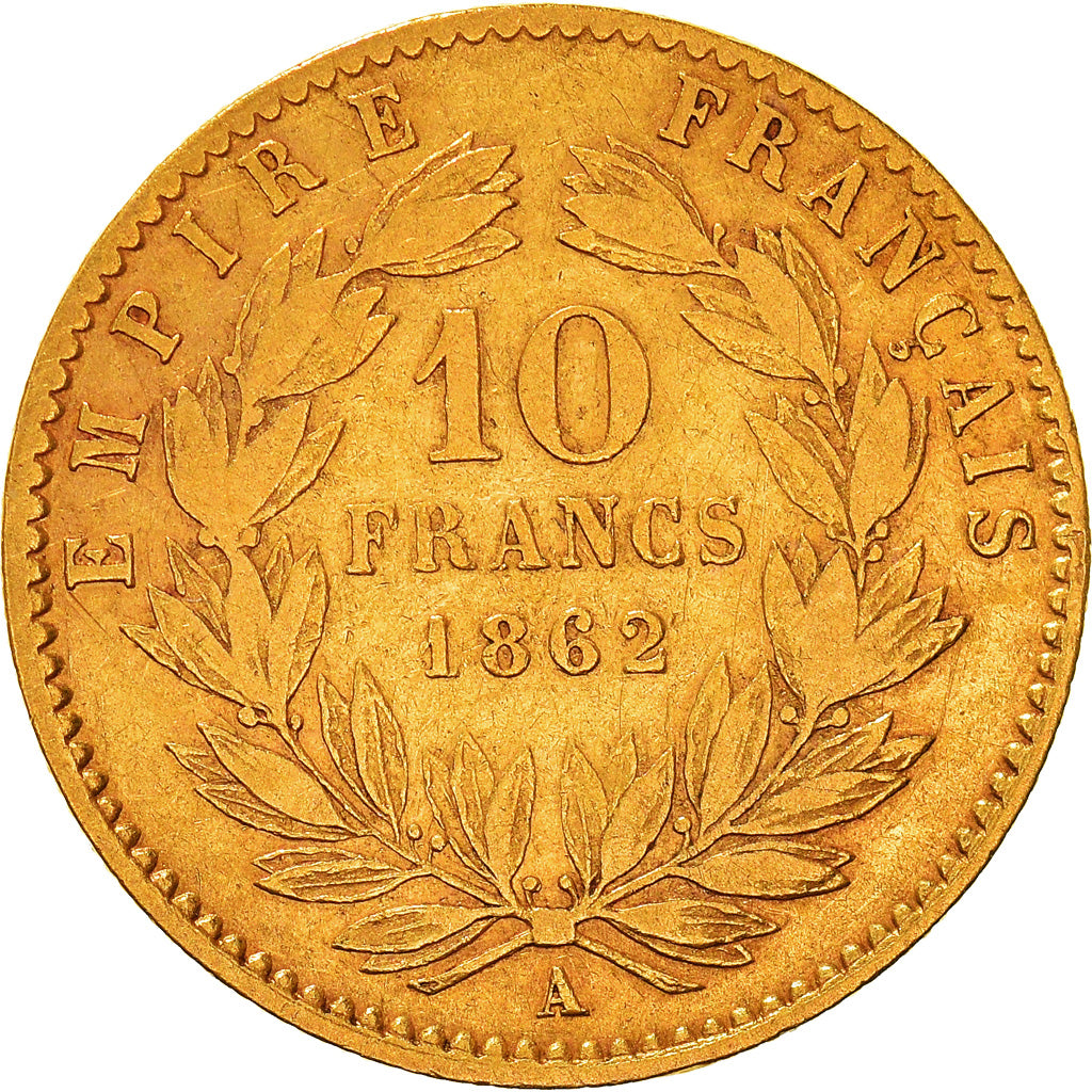 Moneda, Francia, Napoleon III, Napoléon III, 10 Francs, 1862, Paris, BC+, Oro