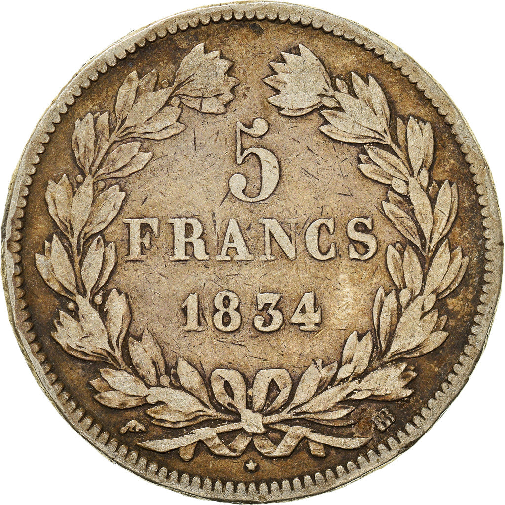Coin, France, Louis-Philippe, 5 Francs, 1834, Strasbourg, VF(20-25), Silver