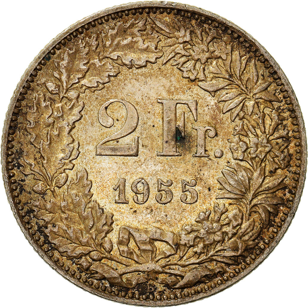 Coin, Switzerland, 2 Francs, 1955, Bern, AU(50-53), Silver, KM:21