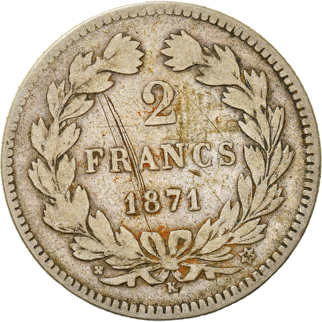 Moeda, França, Cérès, 2 Francs, 1871, Bordeaux, F(12-15), Prata, KM:816.2