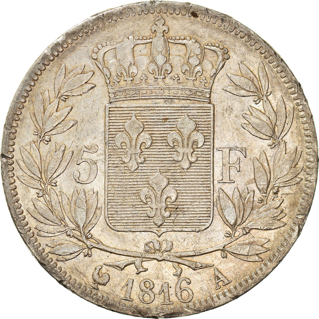 Moneda, Francia, Louis XVIII, Louis XVIII, 5 Francs, 1816, Paris, MBC, Plata