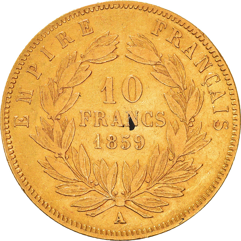 Moneta, Francia, Napoléon III, 10 Francs, 1859, Paris, MB+, Oro, KM:784.3
