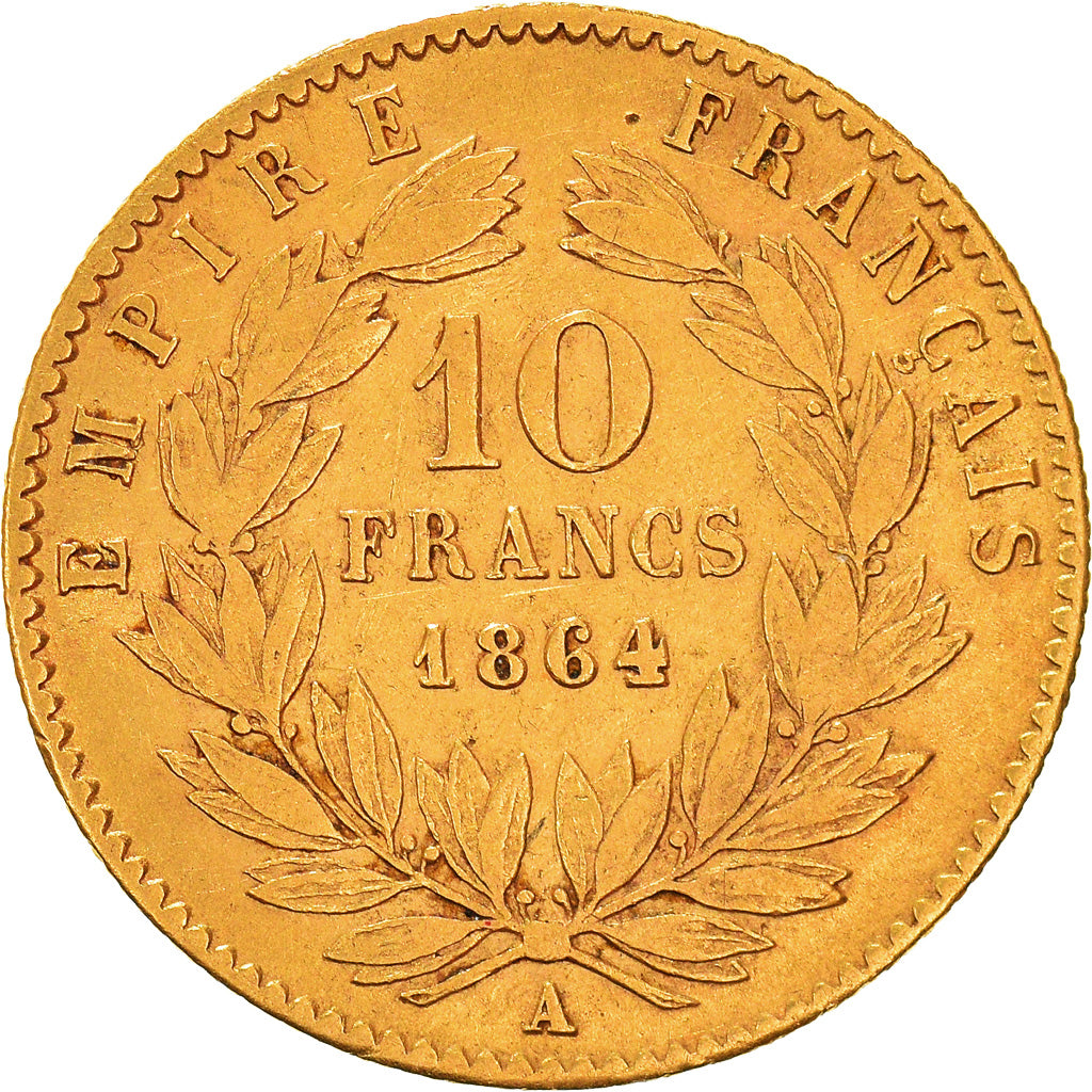 Moneda, Francia, Napoleon III, 10 Francs, 1864, Paris, BC+, Oro, KM:800.1