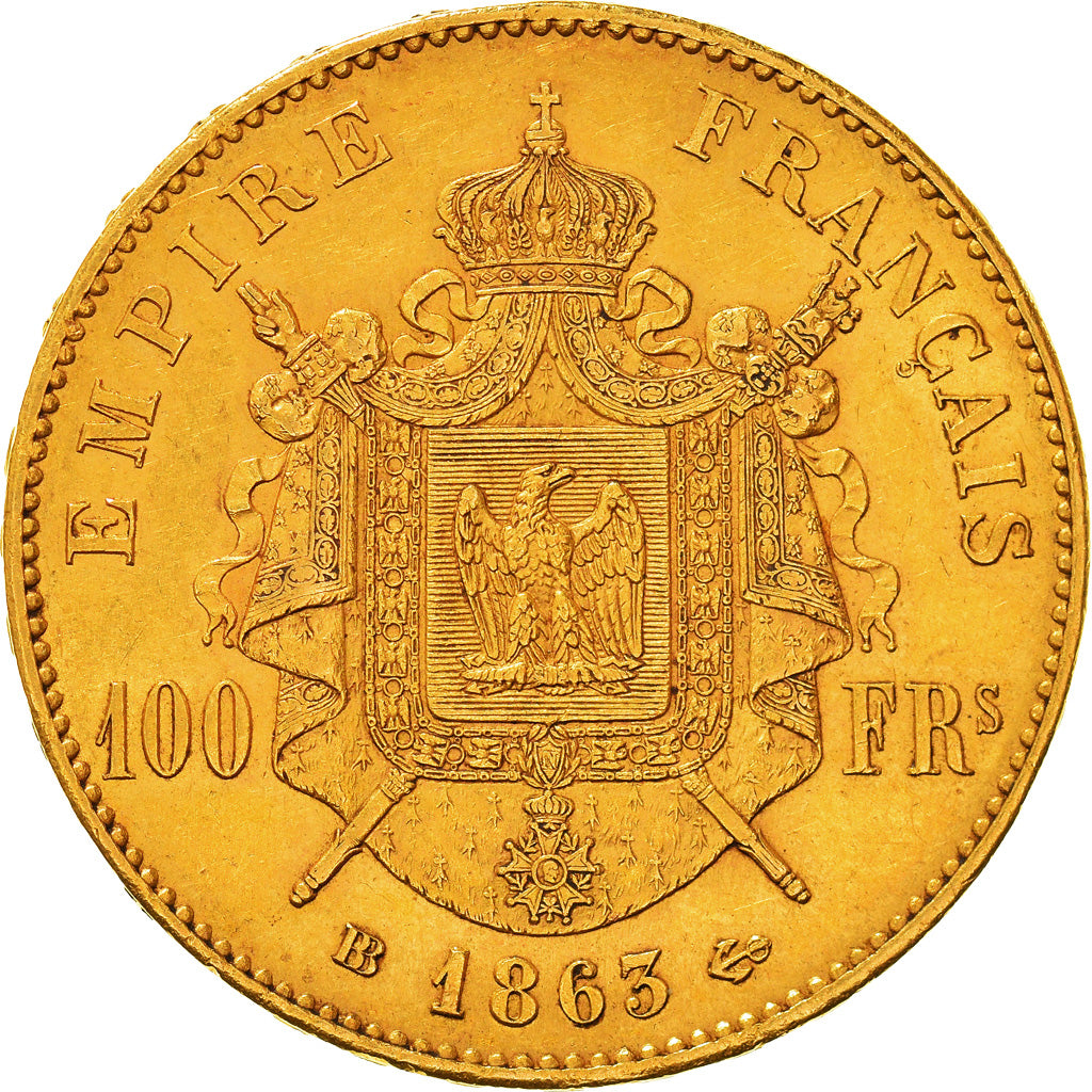 Coin, France, Napoleon III, 100 Francs, 1863, Strasbourg, AU(55-58), Gold