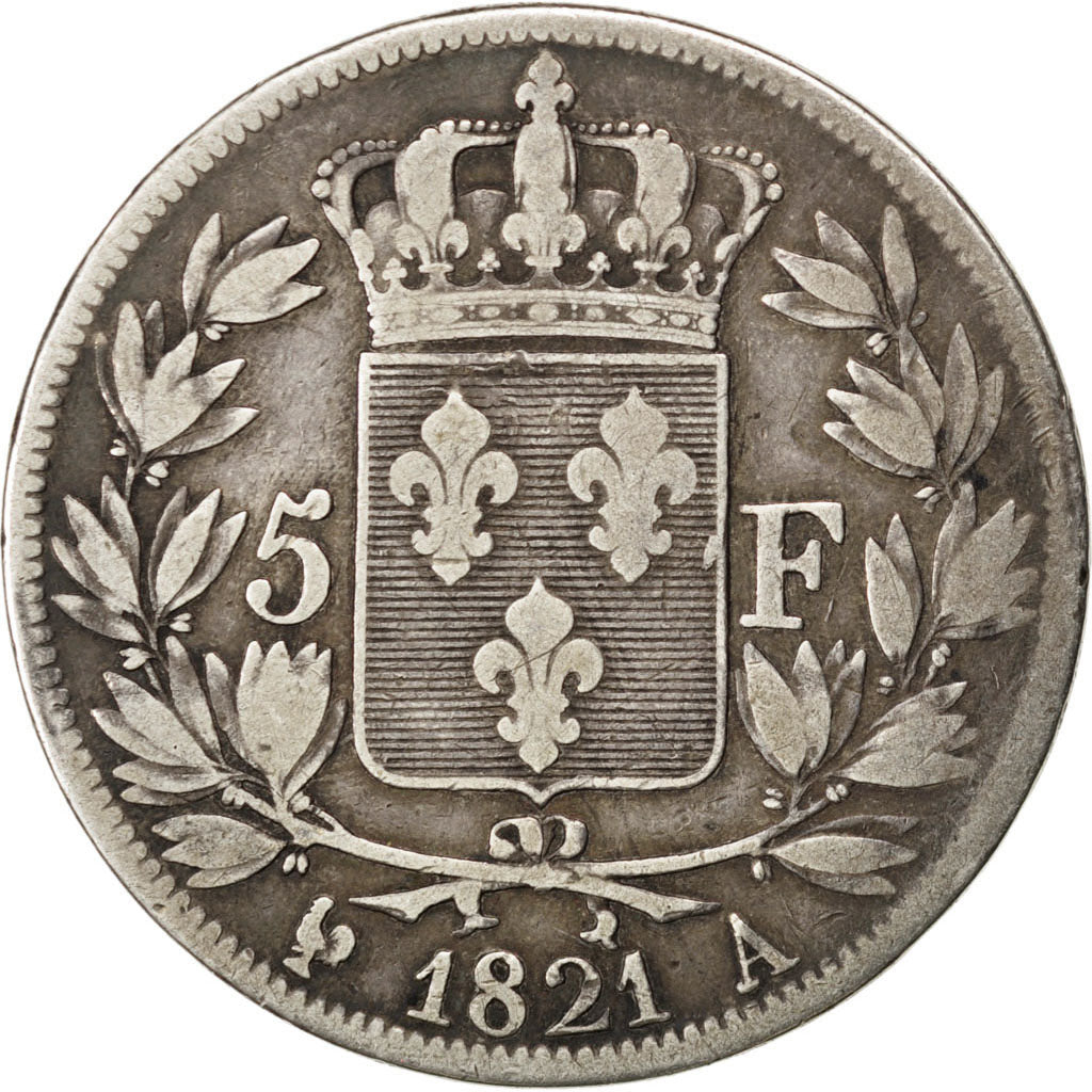 FRANCE, Louis XVIII, 5 Francs, 1821, Paris, KM #711.1, VF(30-35), Silver,...
