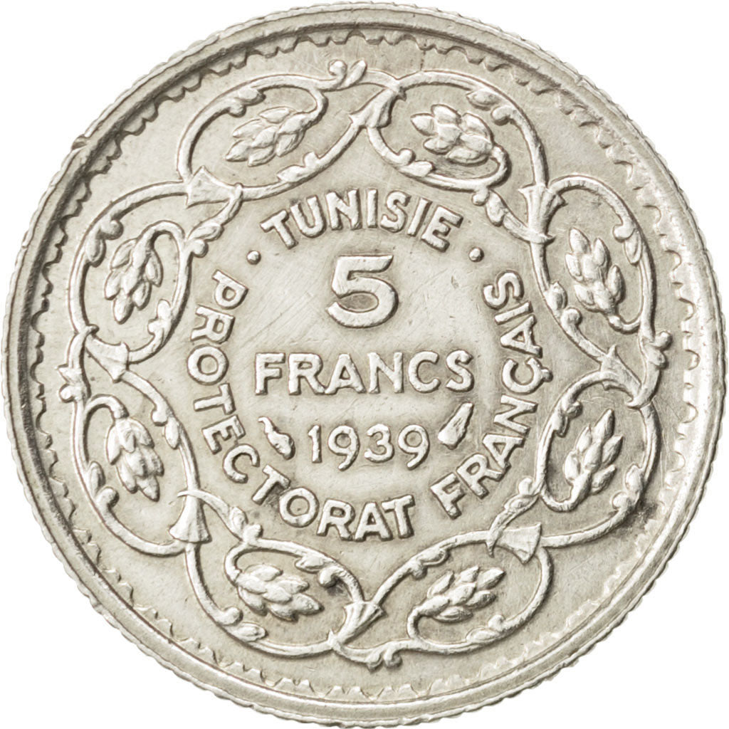 TUNISIA, 5 Francs, 1939, Paris, KM #264, EF(40-45), Silver, 24, Lecompte #309,..