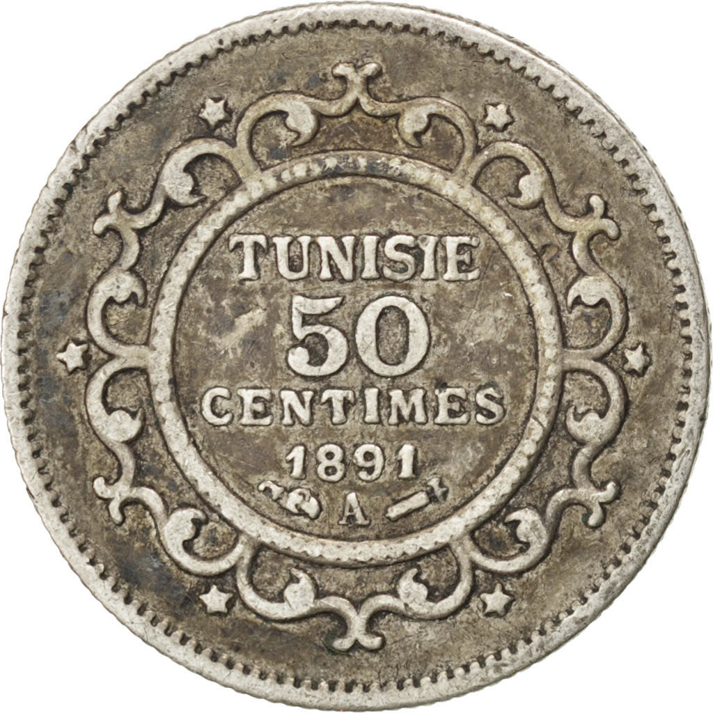 Tunisia, Ali Bey, 50 Centimes, 1891, Paris, BB, Argento, KM:223, Lecompte:136