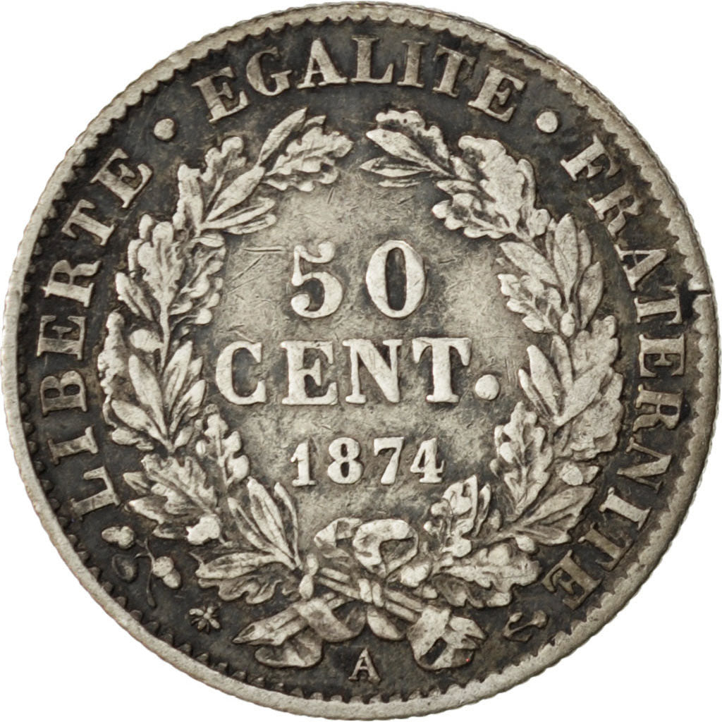 FRANCE, Cérès, 50 Centimes, 1874, Paris, KM #834.1, VF(30-35), Silver, 18, G...