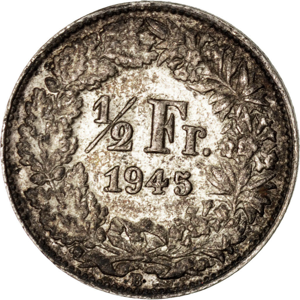SWITZERLAND, 1/2 Franc, 1945, Bern, KM #23, EF(40-45), Silver, 18.2, 2.49