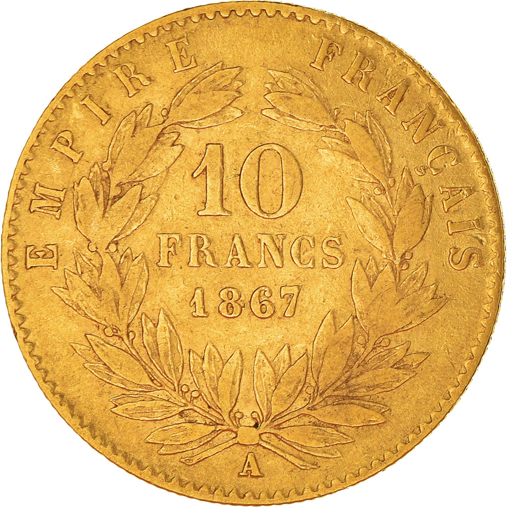 Moneda, Francia, Napoleon III, Napoléon III, 10 Francs, 1867, Paris, BC+, Oro