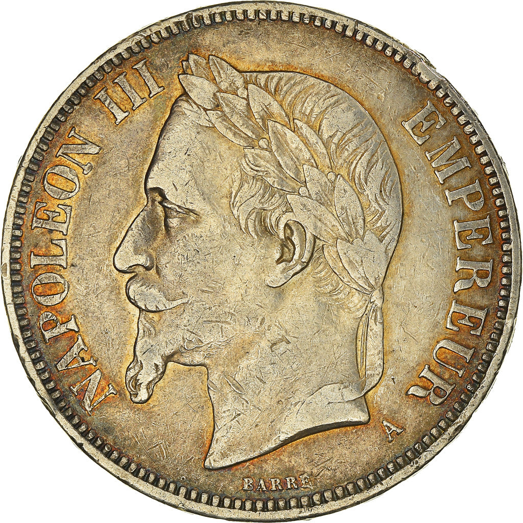 Moneda, Francia, Napoleon III, 5 Francs, 1870, Paris, BC+, Plata, KM:799.1