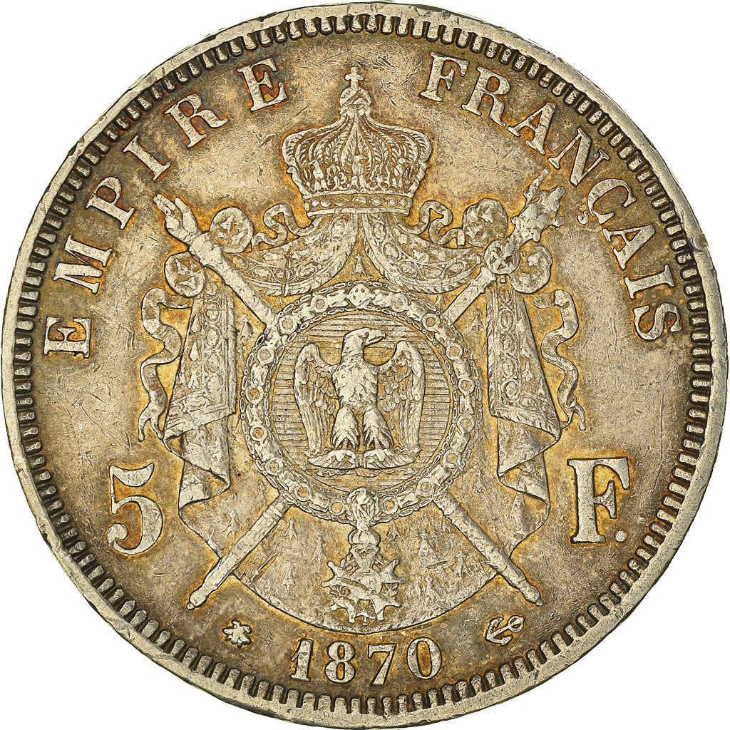 Moneda, Francia, Napoleon III, 5 Francs, 1870, Paris, BC+, Plata, KM:799.1