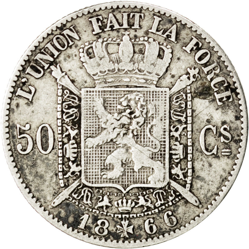 BELGIUM, 50 Centimes, 1866, KM #26, VF(30-35), Silver, 2.44