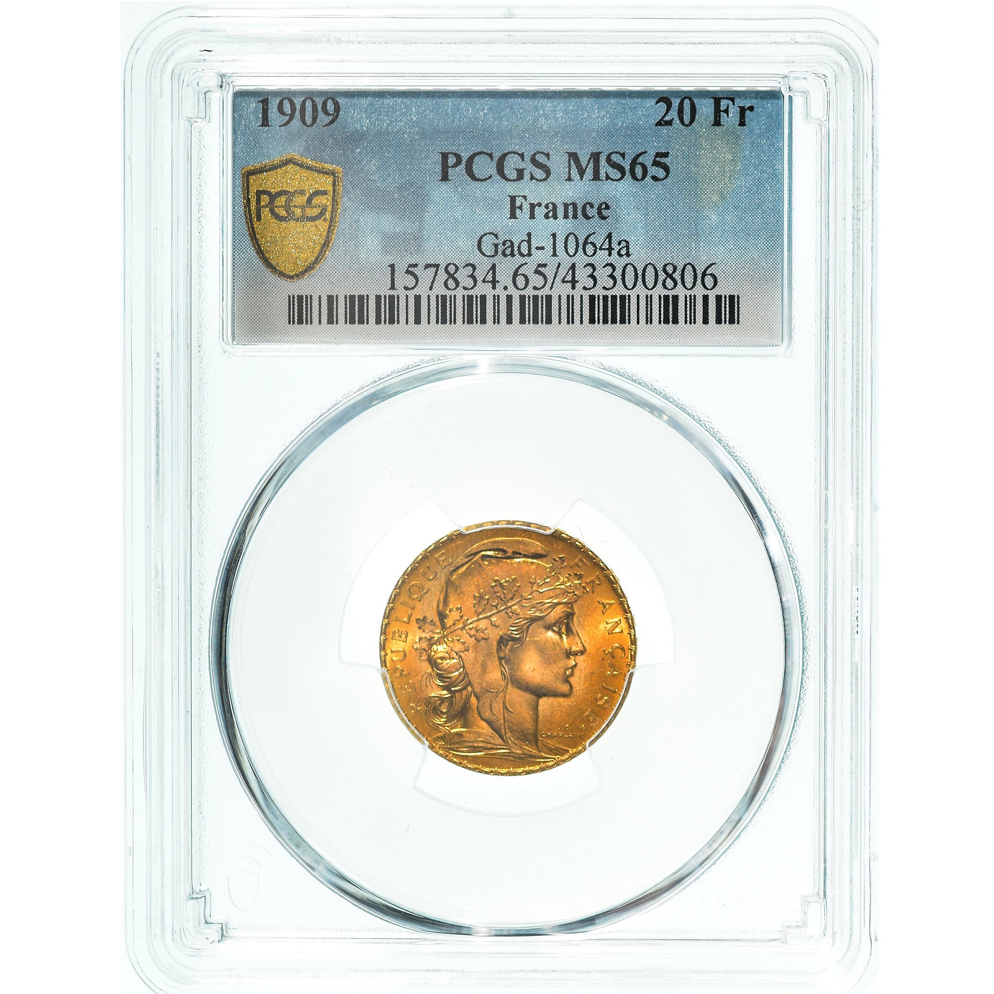 Munten, Frankrijk, Marianne, 20 Francs, 1909, Paris, PCGS, MS65, FDC, Goud