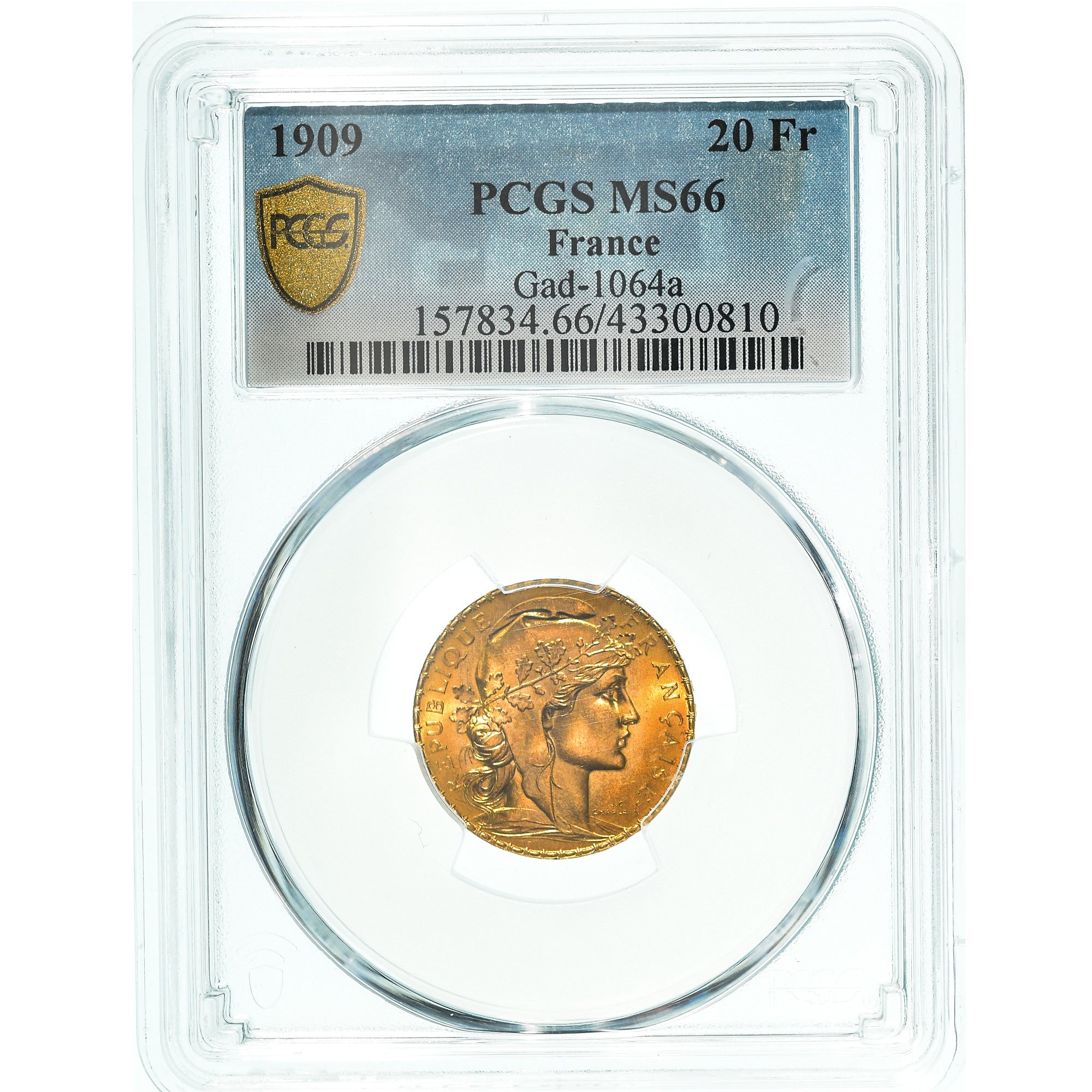 Munten, Frankrijk, Marianne, 20 Francs, 1909, Paris, PCGS, MS66, FDC, Goud