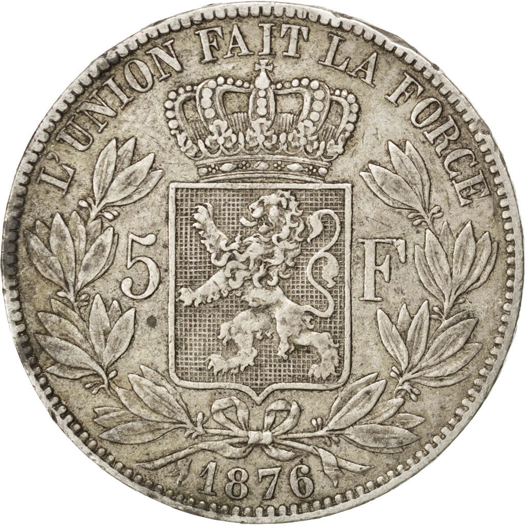 BELGIUM, 5 Francs, 5 Frank, 1876, KM #24, EF(40-45), Silver, 24.87