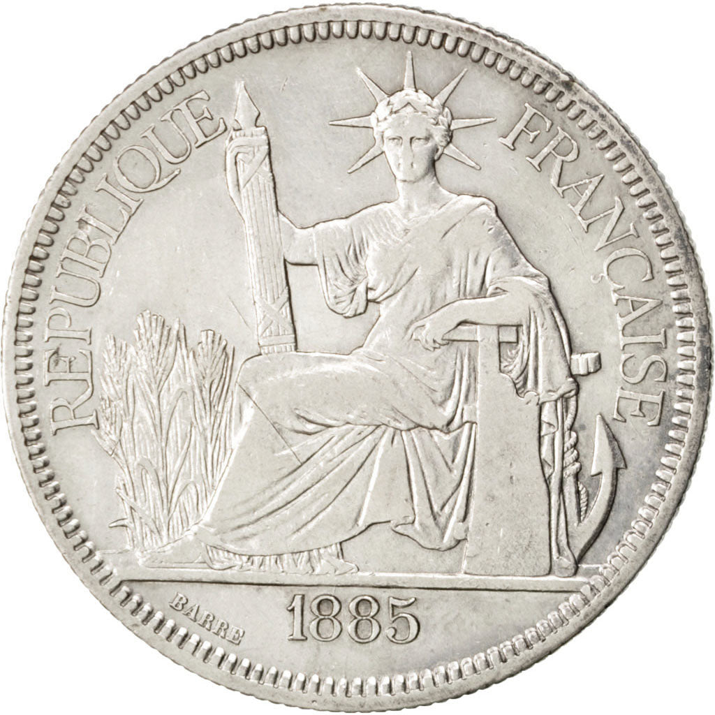 FRENCH INDO-CHINA, Piastre, 1885, Paris, KM #5, EF(40-45), Silver, Lecompte...
