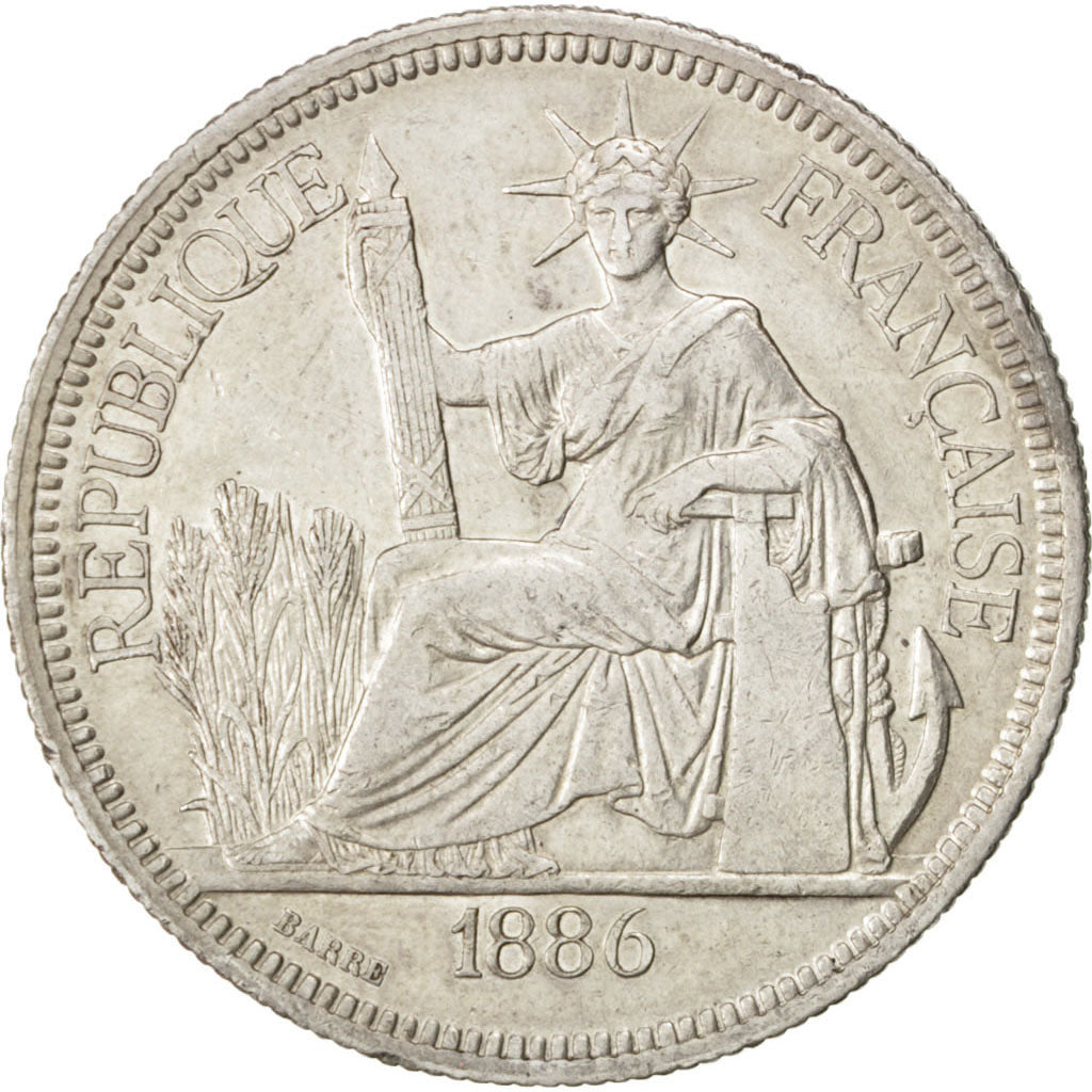 FRENCH INDO-CHINA, Piastre, 1886, Paris, KM #5, EF(40-45), Silver, Lecompte...