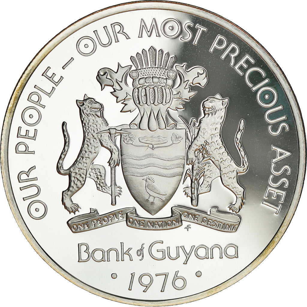 Coin, Guyana, 5 Dollars, 1976, Franklin Mint, Proof, MS(65-70), Silver, KM:43a