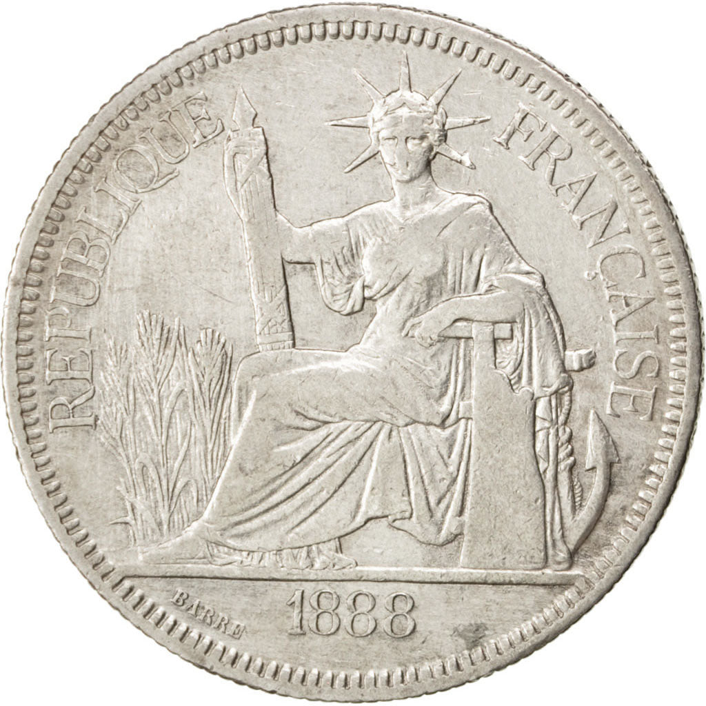 FRENCH INDO-CHINA, Piastre, 1888, Paris, KM #5, EF(40-45), Silver, Lecompte...