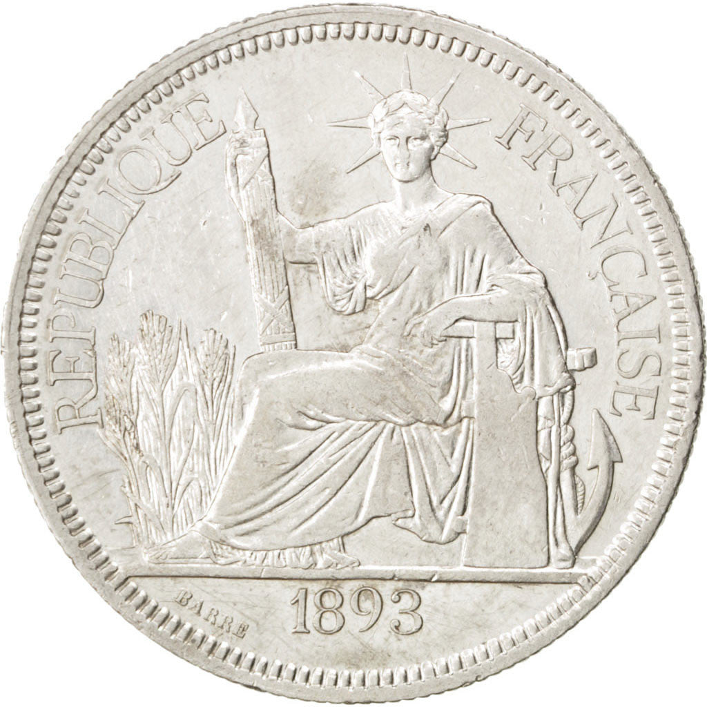 FRENCH INDO-CHINA, Piastre, 1893, Paris, KM #5, EF(40-45), Silver, Lecompte...