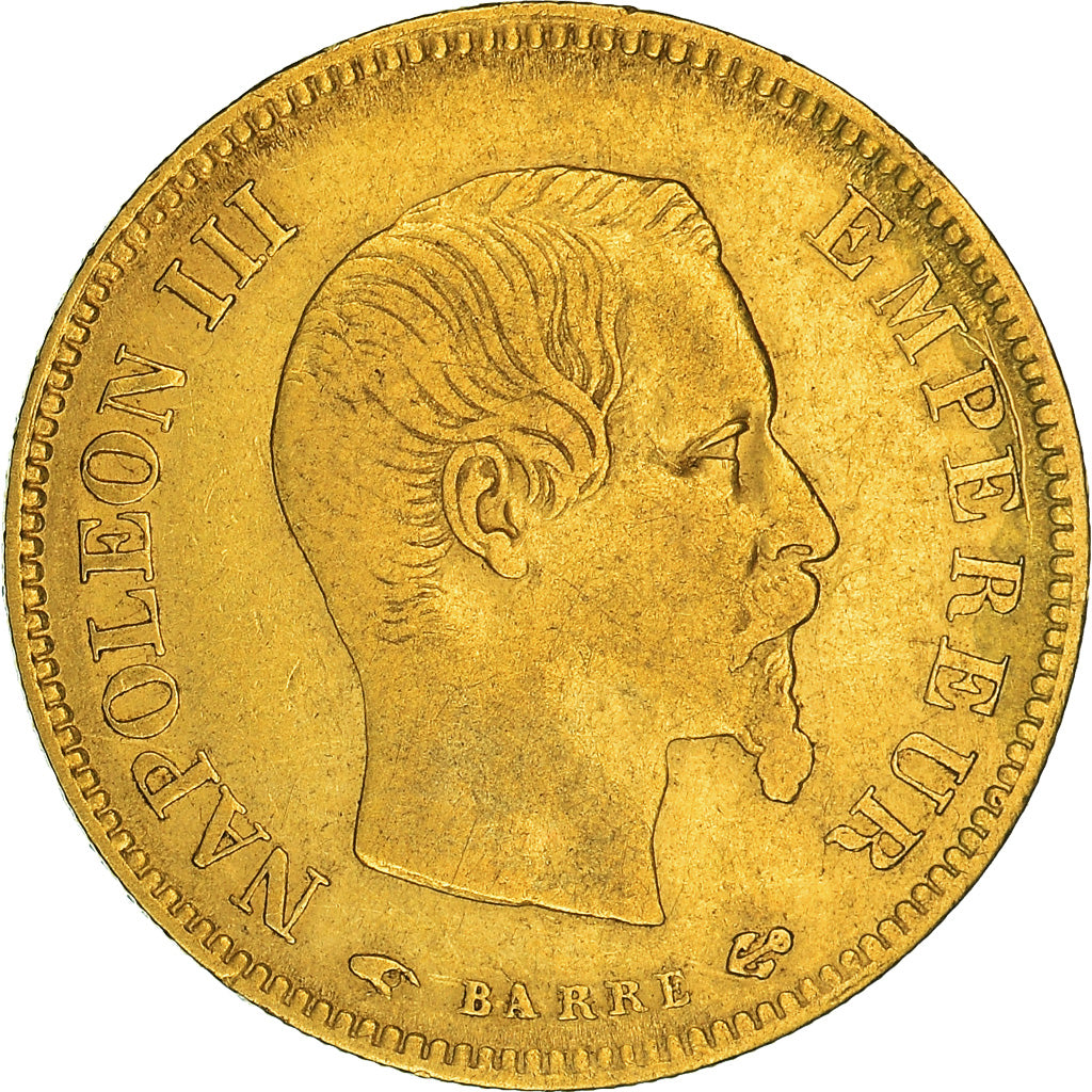 Moneda, Francia, Napoleon III, 10 Francs, 1858, Paris, BC+, Oro, KM:784.3