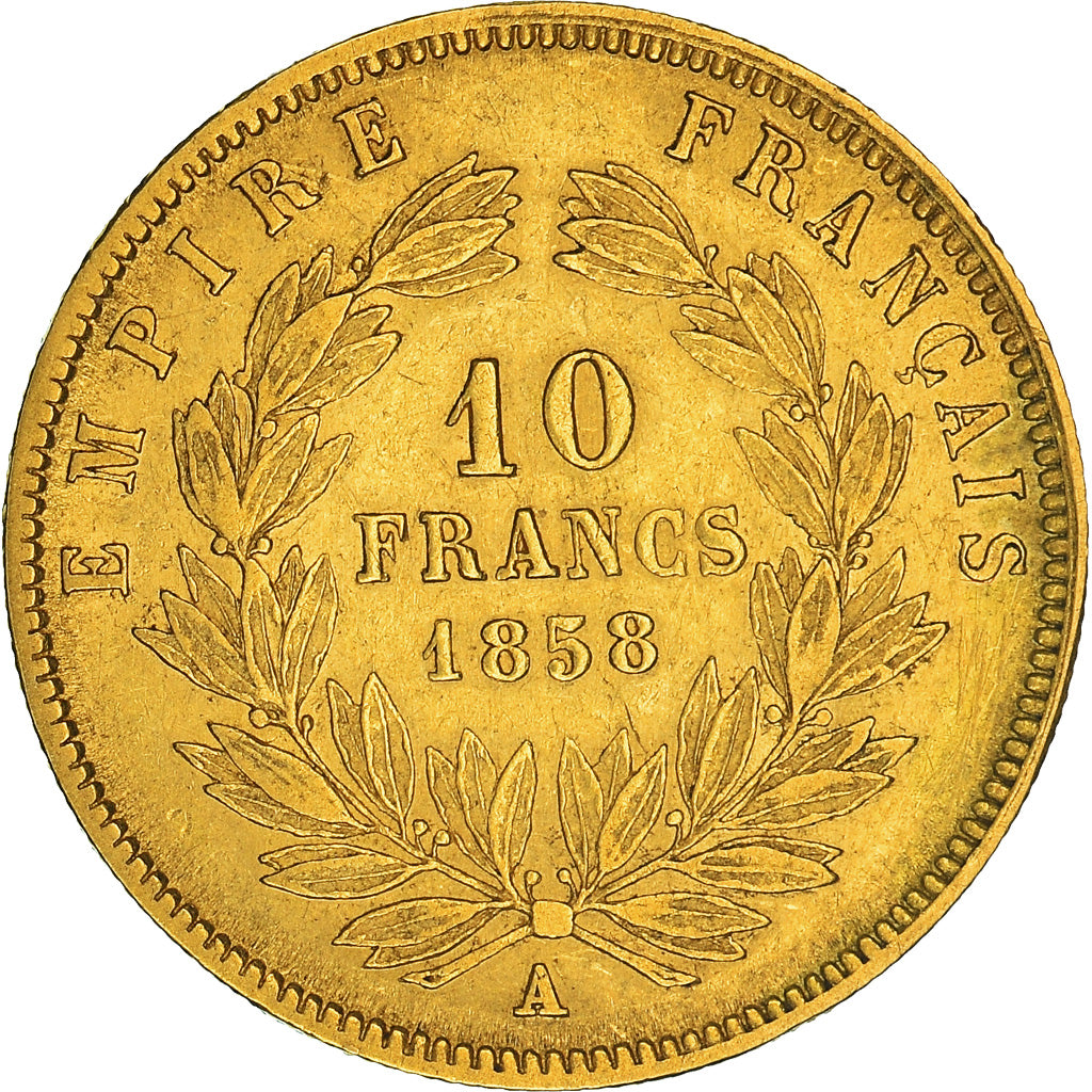 Moneda, Francia, Napoleon III, 10 Francs, 1858, Paris, BC+, Oro, KM:784.3