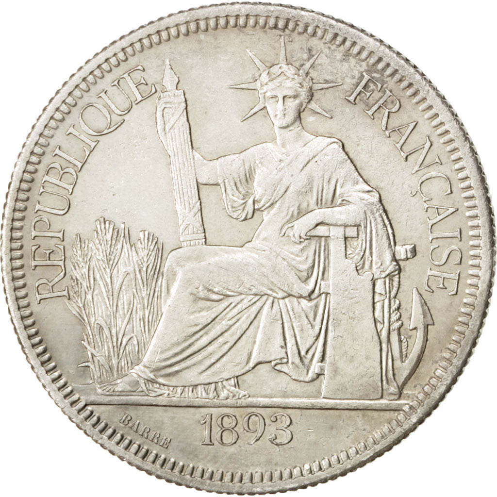 FRENCH INDO-CHINA, Piastre, 1893, Paris, KM #5, AU(50-53), Silver, Lecompte...