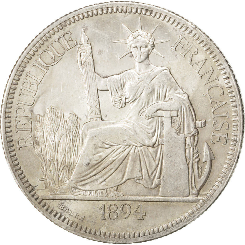 FRENCH INDO-CHINA, Piastre, 1894, Paris, KM #5, AU(50-53), Silver, Lecompte...