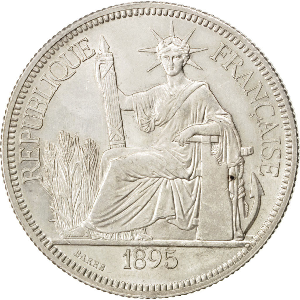 FRENCH INDO-CHINA, Piastre, 1895, Paris, KM #5a.1, AU(55-58), Silver, Lecompte..