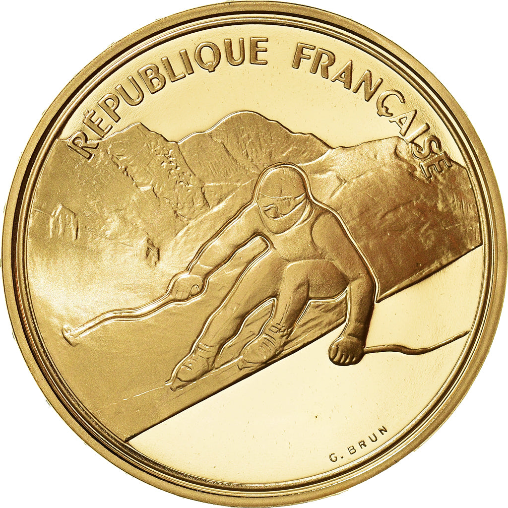 Moneda, Francia, 500 Francs, 1989, Paris, JO Albertville : ski alpin, FDC, Oro