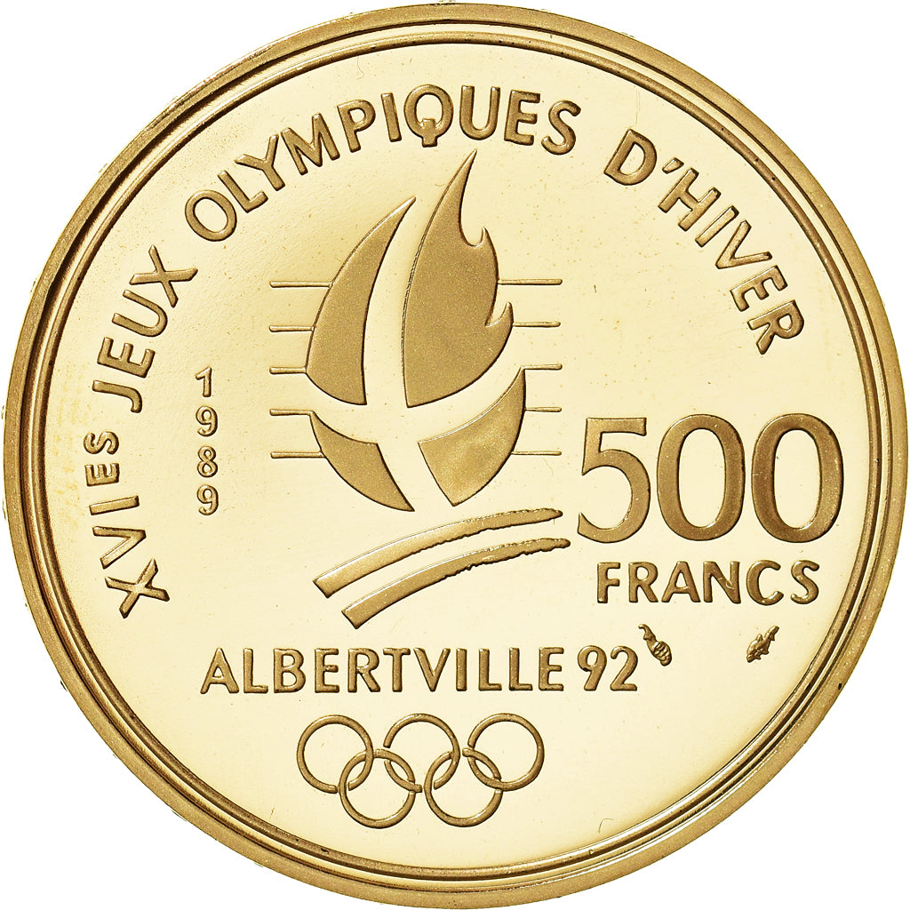 Moneda, Francia, 500 Francs, 1989, Paris, JO Albertville : ski alpin, FDC, Oro