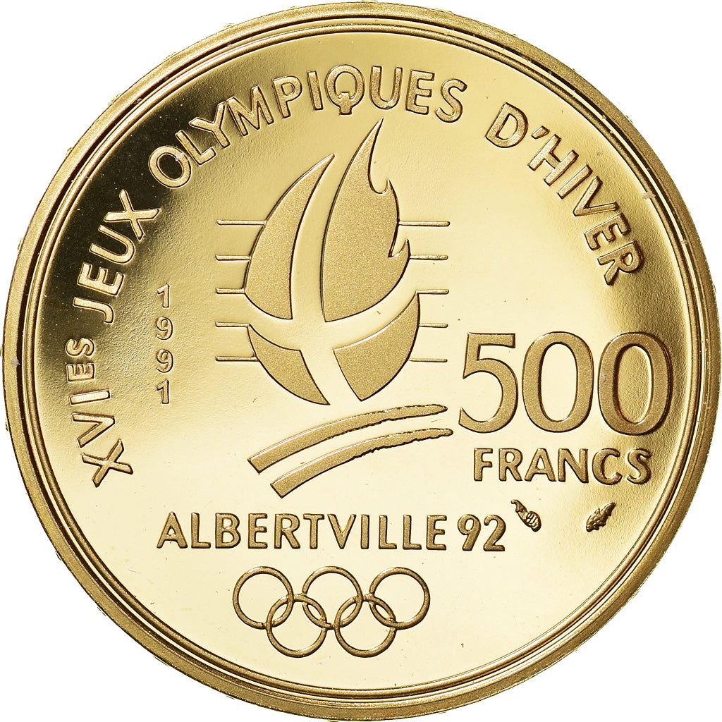 Monnaie, France, 500 Francs, 1991, Paris, JO Albertville : hockeyeurs, FDC, Or