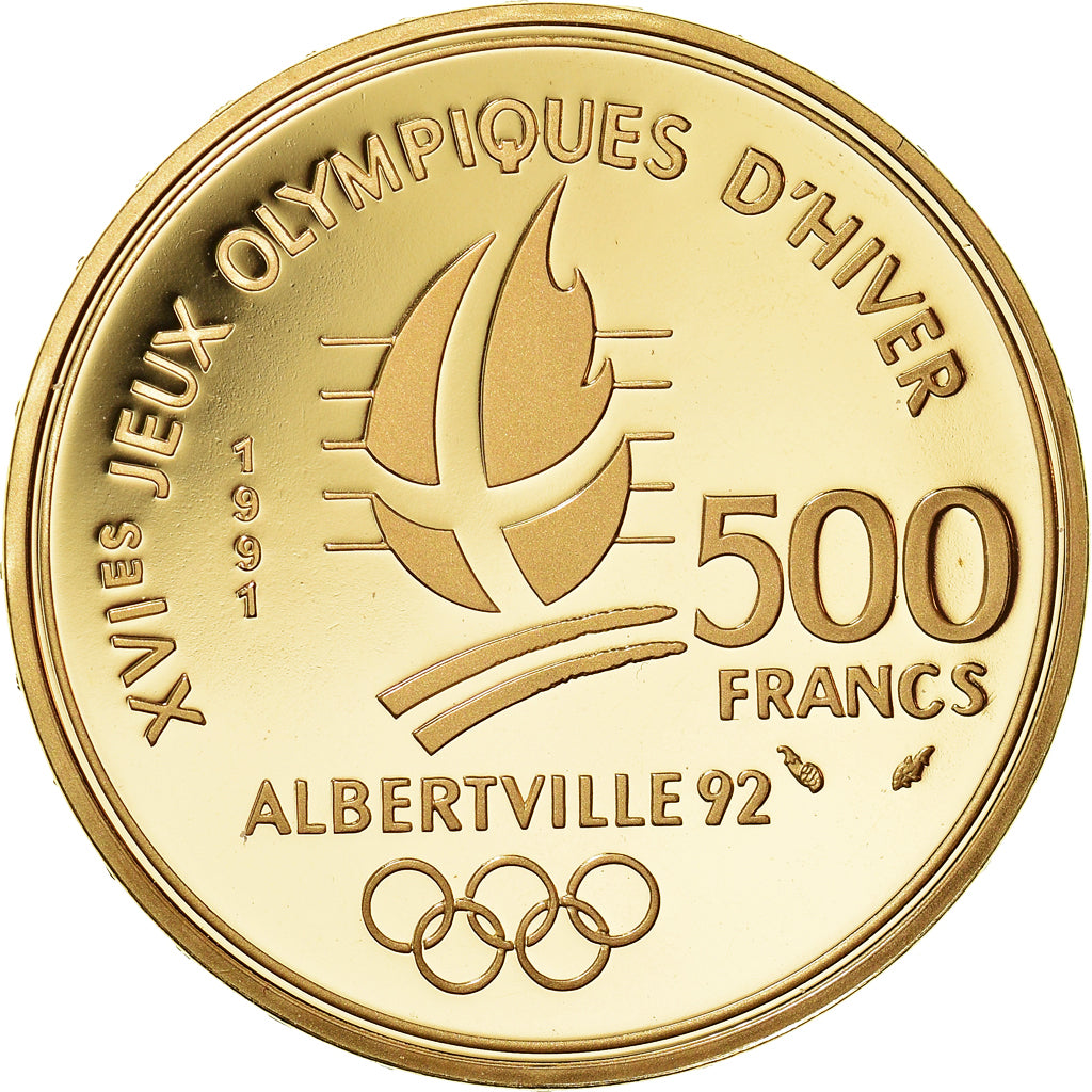 Moneda, Francia, 500 Francs, 1991, Paris, JO Albertville : skieur de fond, FDC