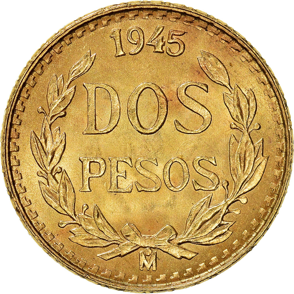 Coin, Mexico, 2 Pesos, 1945, Mexico City, MS(63), Gold, KM:461