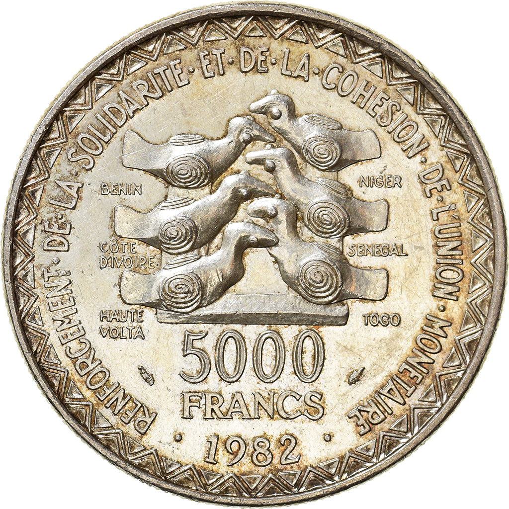 Coin, West African States, 5000 Francs, 1982, AU(55-58), Silver, KM:11