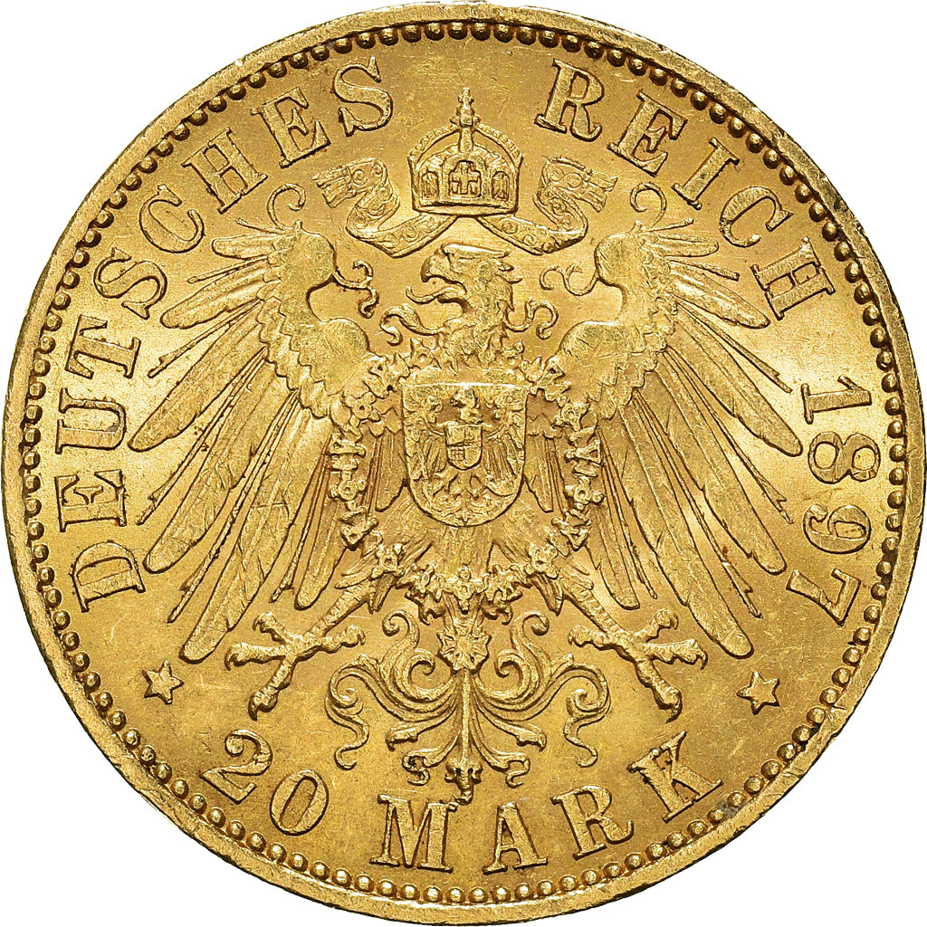 Moneta, Stati tedeschi, PRUSSIA, Wilhelm II, 20 Mark, 1897, Berlin, BB+, Oro