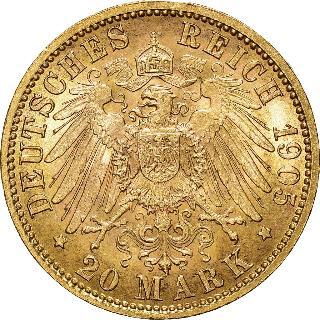 Moneta, Stati tedeschi, PRUSSIA, Wilhelm II, 20 Mark, 1905, Hambourg, BB+, Oro