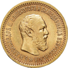 Moneta, Russia, Alexander III, 5 Roubles, 1889, St. Petersburg, BB+, Oro, KM:42