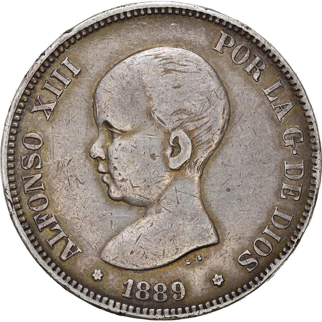 Coin, Spain, Alfonso XIII, 5 Pesetas, 1889, Madrid, VF(30-35), Silver, KM:689
