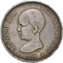 Moneda, España, Alfonso XIII, 5 Pesetas, 1889, Madrid, BC+, Plata, KM:689