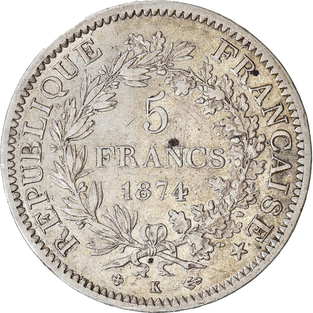 Moneta, Francia, Hercule, 5 Francs, 1874, Bordeaux, BB, Argento, KM:820.2