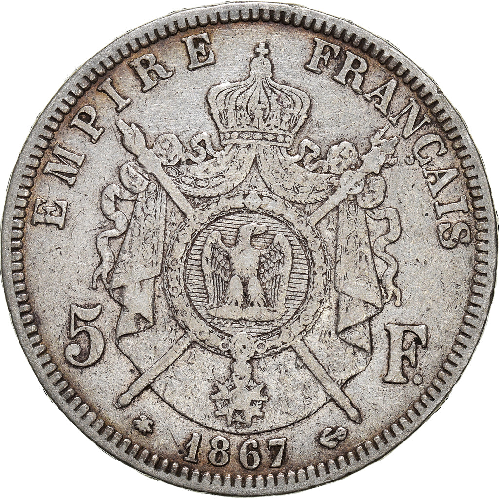 Munten, Frankrijk, Napoleon III, 5 Francs, 1867, Paris, FR+, Zilver, KM:799.1